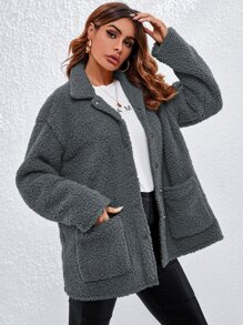 SHEIN Essnce Collared Single Breasted Pocket Front Teddy Coat - Dark Grey - View 4