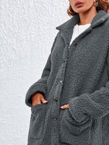 SHEIN Essnce Collared Single Breasted Pocket Front Teddy Coat - Dark Grey - View 5