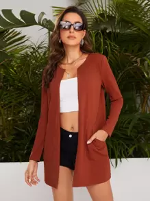 SHEIN Privé Round Neck Pocket Front Open Placket Coat - Burnt Orange - View 1