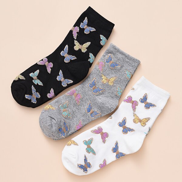 

3pairs Butterfly Pattern Crew Socks, Multicolor