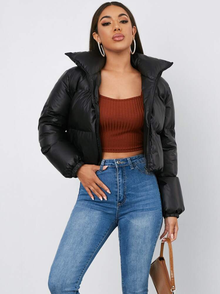 SHEIN EZwear Kurtki Zimowe Suwak Równy Codzienny - Czarne - Zobacz 1