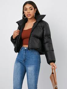 SHEIN EZwear Chamarra corta unicolor - Negro - Ver 3