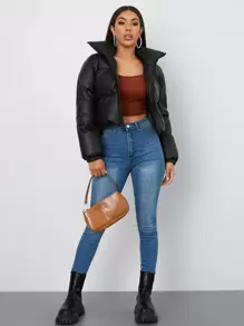 SHEIN EZwear Chamarra corta unicolor - Negro - Ver 4