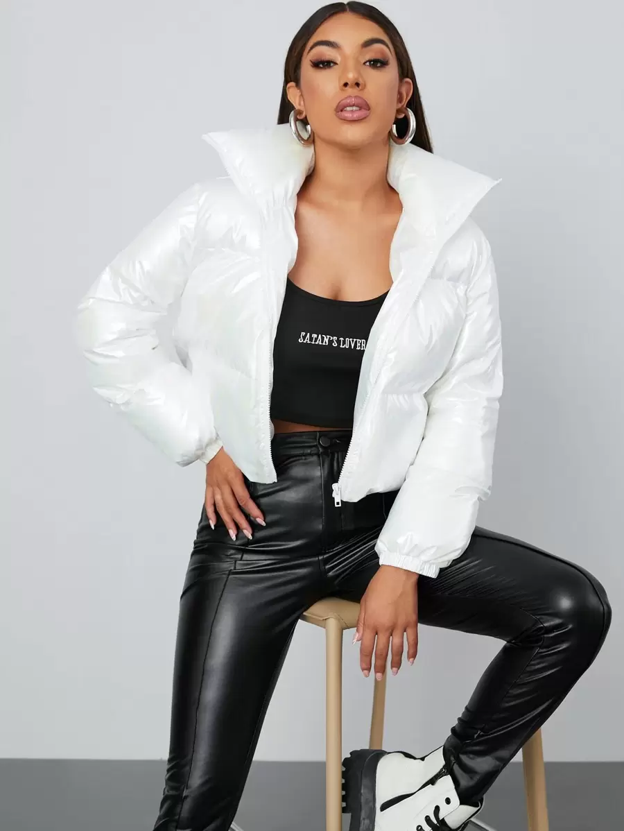 SHEIN EZwear Solid Crop Puffer Jacket - White - View 1