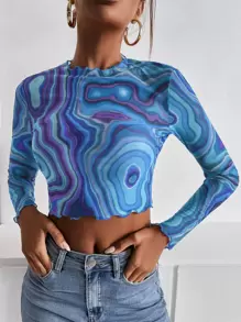 SHEIN ICON Marble Print Lettuce Trim Mesh Top - Blue - View 1