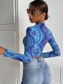 SHEIN ICON Marble Print Lettuce Trim Mesh Top - Blue - View 2