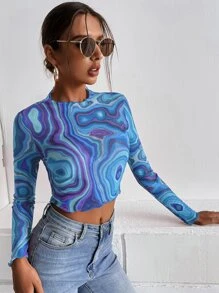 SHEIN ICON Marble Print Lettuce Trim Mesh Top - Blue - View 4