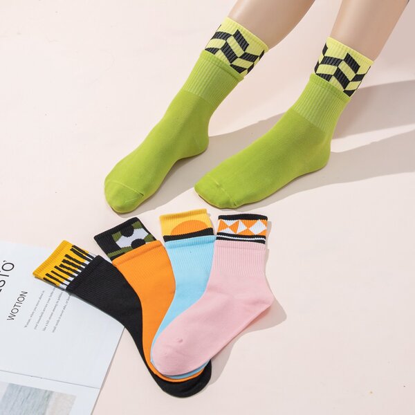 

5pairs Geometric Pattern Crew Socks, Multicolor
