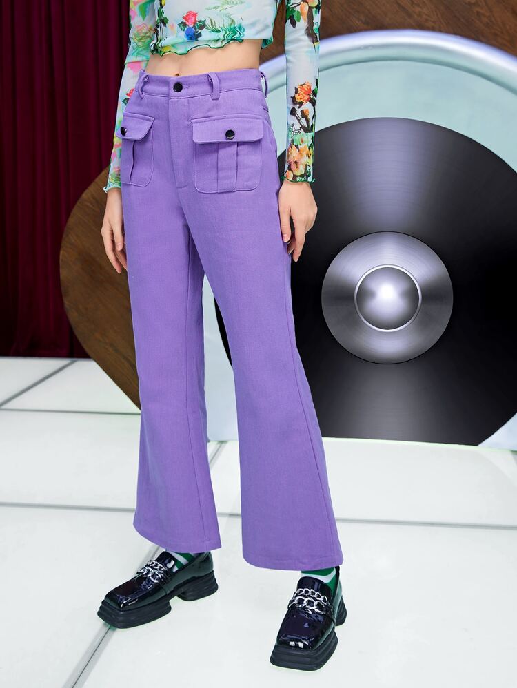 SHEIN Flap Pocket Flare Leg Pants - Lilac Purple - View 3