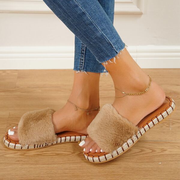 

Minimalist Fluffy Slide Sandals, Khaki
