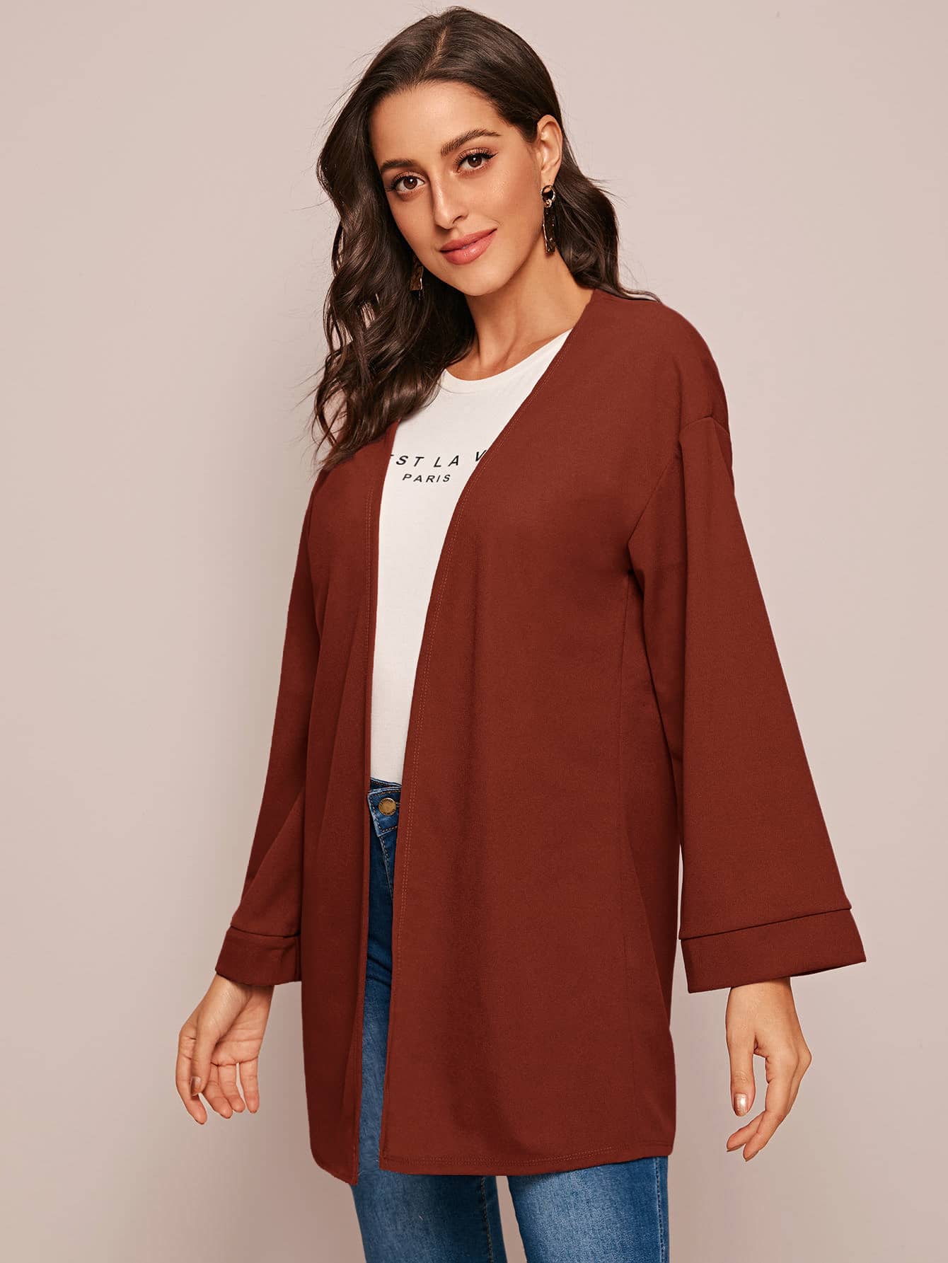 Solid Bell Sleeve Open Front Coat