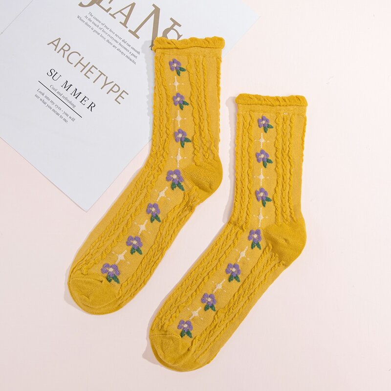 

Flower Print Crew Socks, Yellow