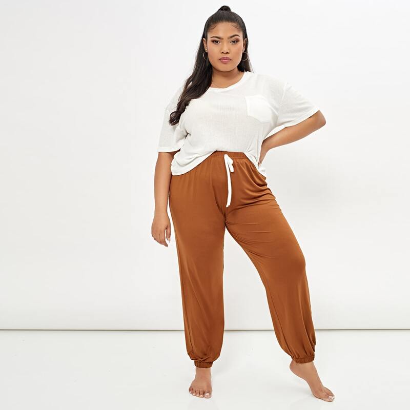 

Plus Pocket Tie Front Pajama Set, Multicolor