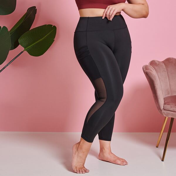 

Plus Four-Way Stretch Mesh Panel Sports Leggings, Black