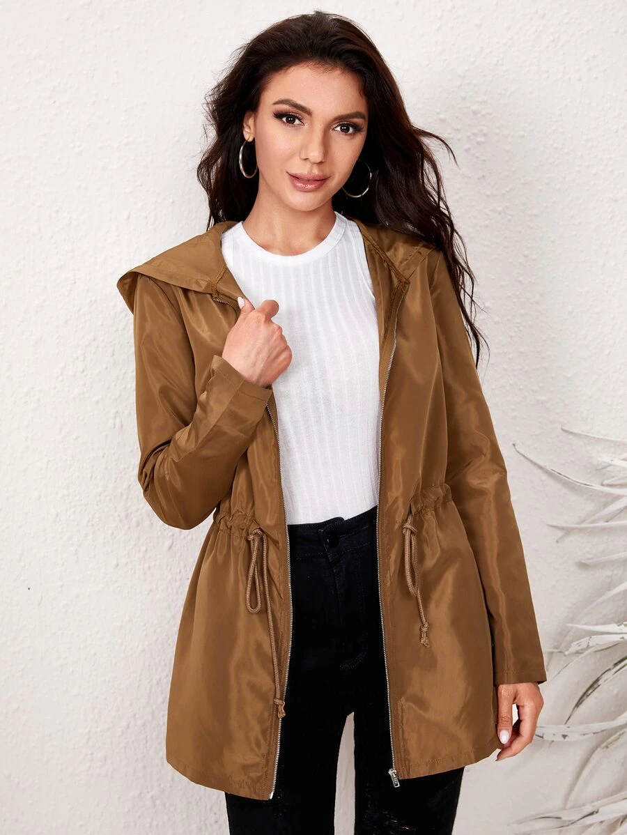 SHEIN Rompevientos de cintura con cordón con cremallera - Marrón - Ver 1