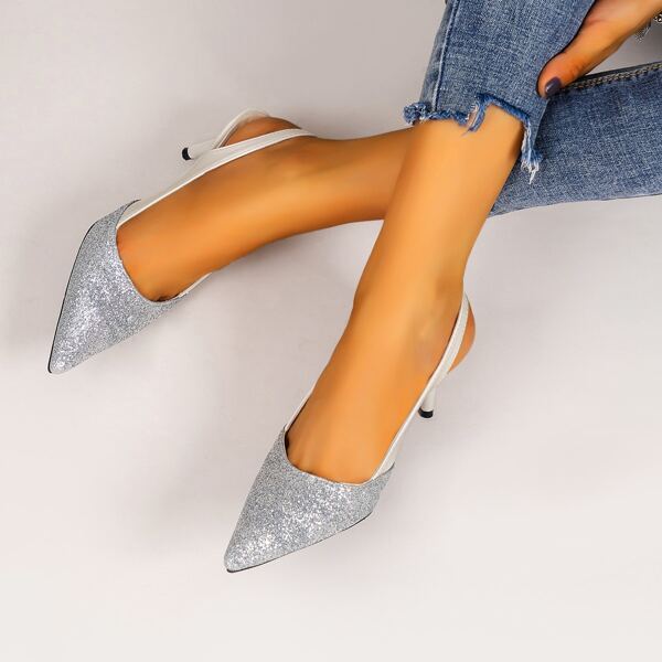 

Glitter Decor Stiletto Slingback Pumps, Silver