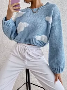 SHEIN Unity 雲朵圖案羅紋針織短款毛衣 - 霧霾藍 - 查看 1