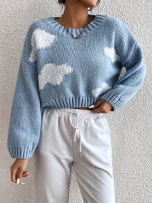 SHEIN Unity 雲朵圖案羅紋針織短款毛衣 - 霧霾藍 - 查看 5