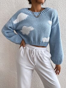 SHEIN Unity 雲朵圖案羅紋針織短款毛衣 - 霧霾藍 - 查看 6