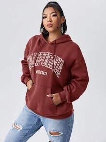 Flirla Sudadera con cordón y bolsillo tipo canguro con gráfico de letras en talla grande - Color caoba - Ver 3