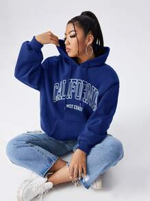 Flirla Plus Letter Graphic  Pocket Drawstring Hoodie Winter Fall Autumn - Blue - View 1