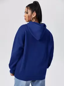 Flirla Plus Letter Graphic  Pocket Drawstring Hoodie Winter Fall Autumn - Blue - View 2