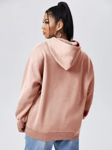 Flirla Plus Letter Graphic Kangaroo Pocket Drawstring Hoodie - Baby Pink - View 2