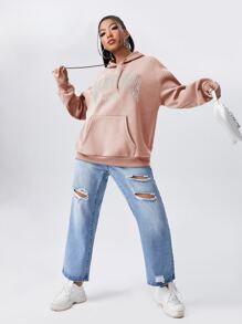 Flirla Plus Letter Graphic Kangaroo Pocket Drawstring Hoodie - Baby Pink - View 4