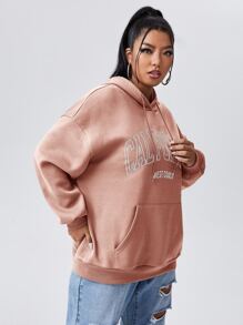 Flirla Plus Letter Graphic Kangaroo Pocket Drawstring Hoodie - Baby Pink - View 5