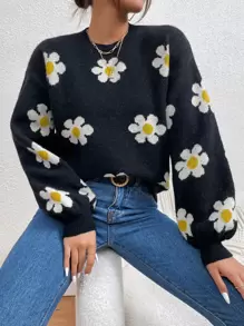 SHEIN Unity Floral Pattern Drop Shoulder Sweater,Long Sleeve Tops Knit Pullover Fall Winter - Black - View 1