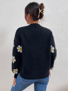 SHEIN Unity Floral Pattern Drop Shoulder Sweater,Long Sleeve Tops Knit Pullover Fall Winter - Black - View 2