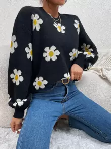 SHEIN Unity Floral Pattern Drop Shoulder Sweater,Long Sleeve Tops Knit Pullover Fall Winter - Black - View 3