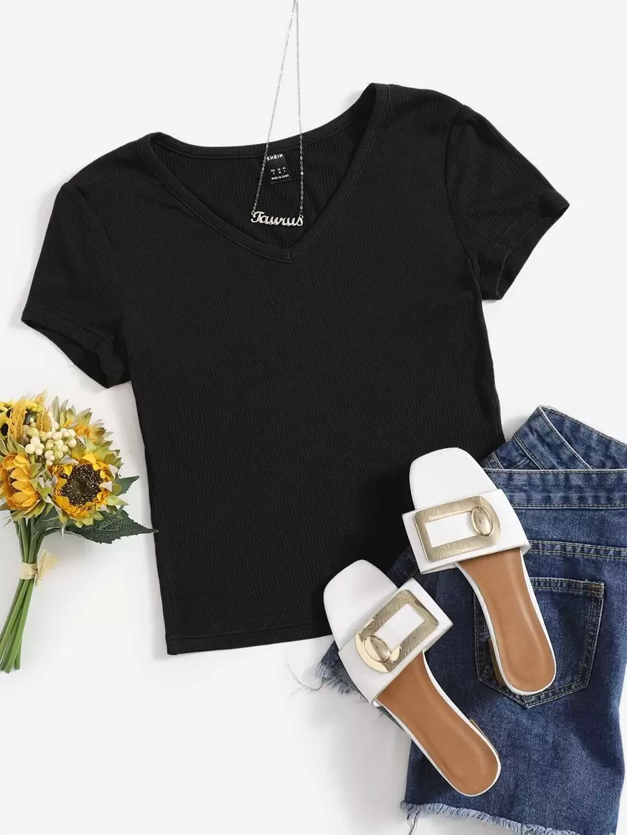 Muchica Áo thun tay ngắn trơn màu đơn giản, đa năng cho mùa hè - màu đen - Xem 1