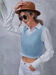 SHEIN Frenchy Áo dệt kim nữ Sọc Sẵn sàng - Màu xanh nhạt - Xem 3