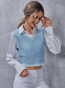 SHEIN Frenchy Áo dệt kim nữ Sọc Sẵn sàng - Màu xanh nhạt - Xem 4