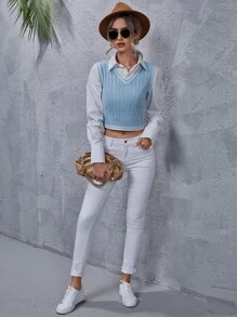 SHEIN Frenchy Áo dệt kim nữ Sọc Sẵn sàng - Màu xanh nhạt - Xem 5