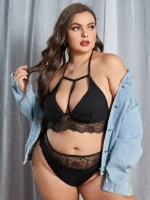 Set de lencería con encaje en contraste halter - Negro - Ver 1