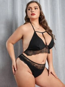 Set de lencería con encaje en contraste halter - Negro - Ver 3