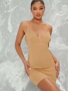 Đầm Lộ Lưng Ren lên màu trơn Gợi cảm - Màu Khaki - Xem 2