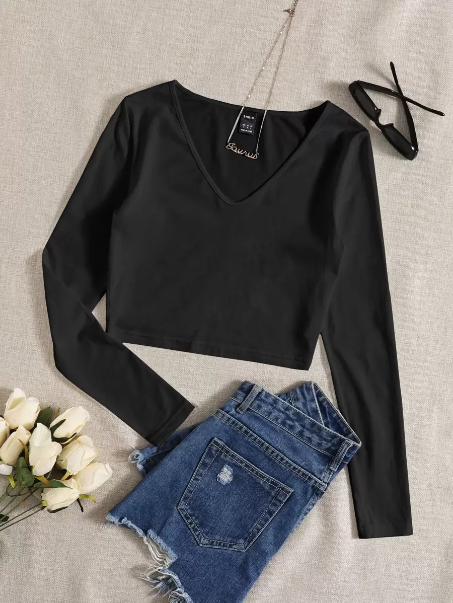 SHEIN EZwear Áo thun crop top cổ chữ V trơn - màu đen - Xem 1