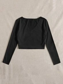 SHEIN EZwear Áo thun crop top cổ chữ V trơn - màu đen - Xem 2