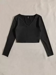 SHEIN EZwear Áo thun crop top cổ chữ V trơn - màu đen - Xem 3