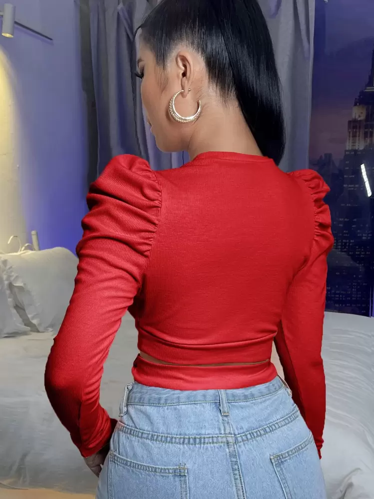 SHEIN SXY Camiseta corta de manga gigot de cintura con abertura - Rojo - Añade 2