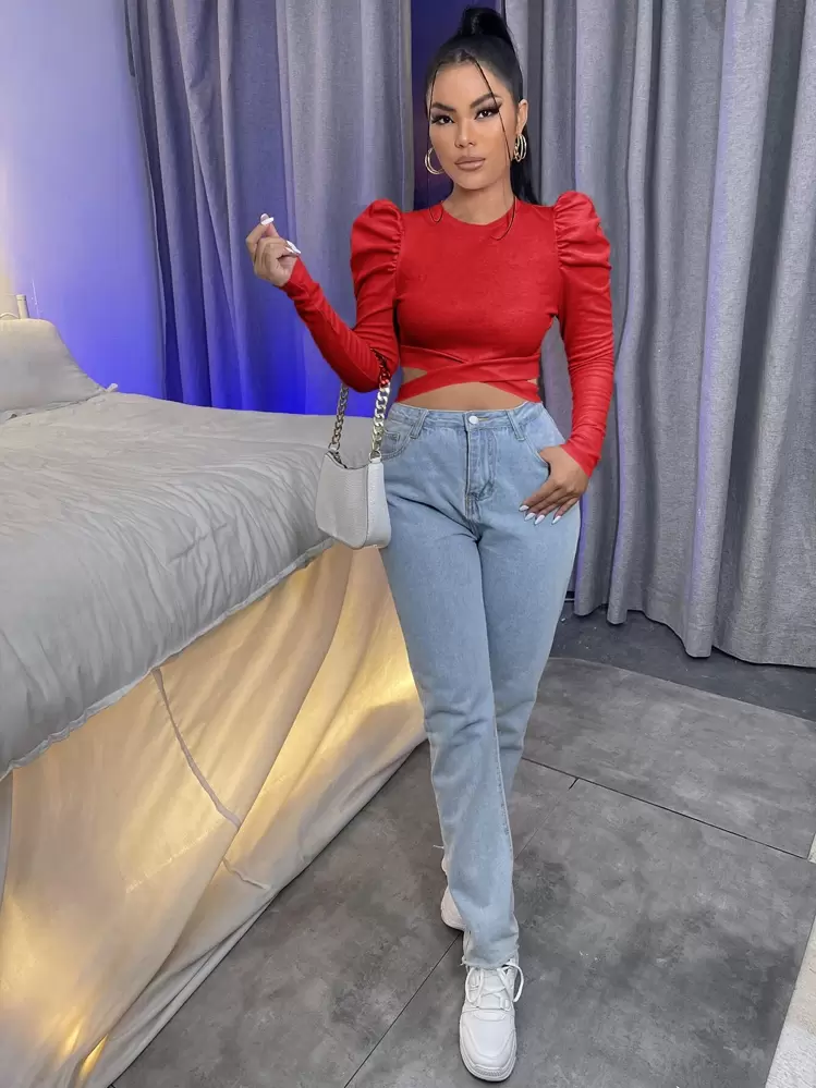 SHEIN SXY Camiseta corta de manga gigot de cintura con abertura - Rojo - Añade 4