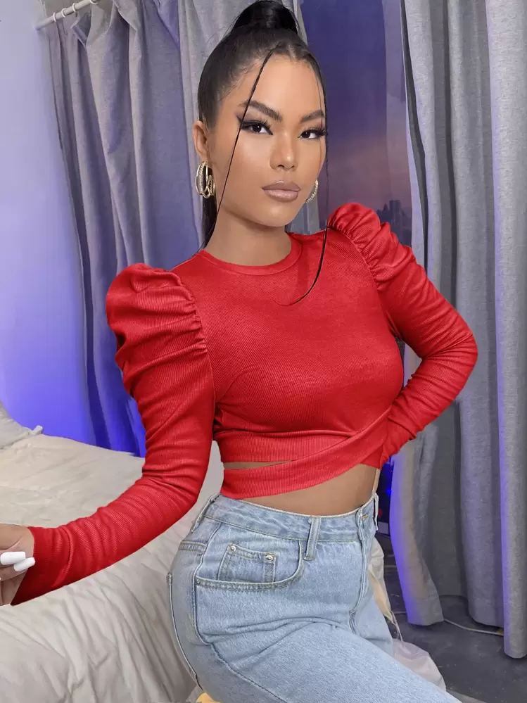 SHEIN SXY Camiseta corta de manga gigot de cintura con abertura - Rojo - Añade 5