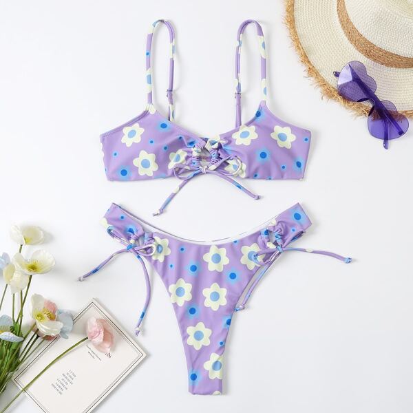 

Floral Print Cut-out High Cut Bikini Swimsuit, Multicolor