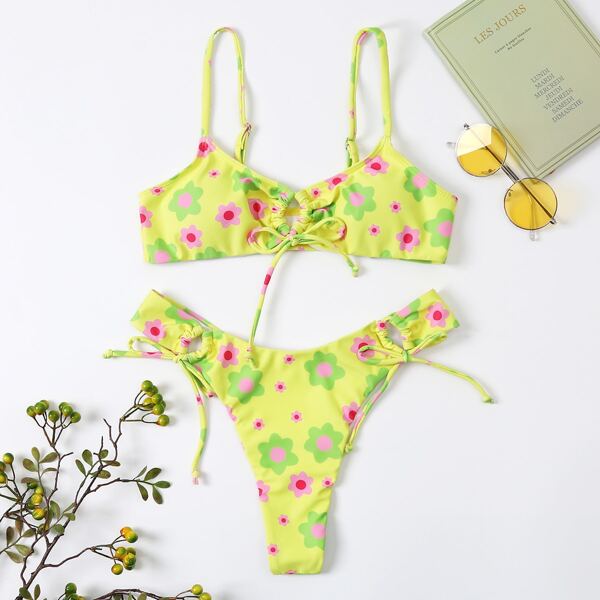 

Floral Print Cut-out Tie Side Bikini Swimsuit, Multicolor