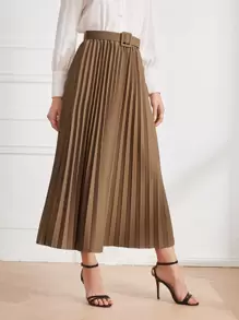 Modelyn Solid Belted Pleated Skirt Maxi Women Outfit - Apricot - View 1