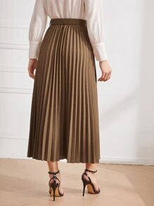 Modelyn Solid Belted Pleated Skirt Maxi Women Outfit - Apricot - View 2