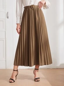 Modelyn Solid Belted Pleated Skirt Maxi Women Outfit - Apricot - View 5